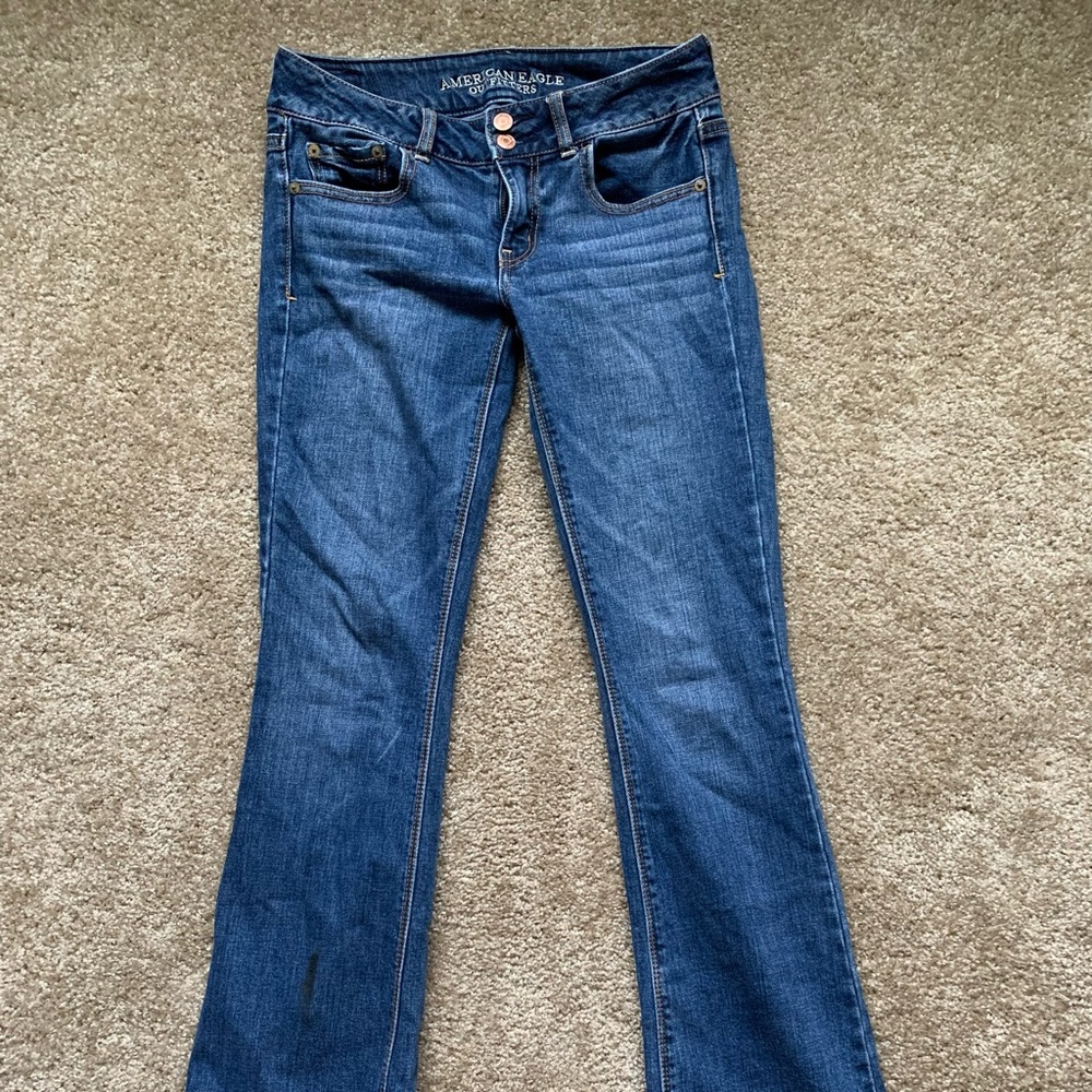 low rise dark wash bootcut American Eagle jeans